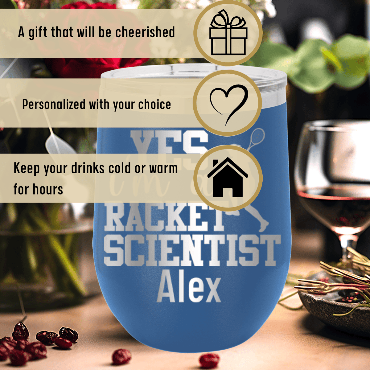 Personalized Girl Tennis Scientist Wine Tumbler for her, Customized Gifts for Women by Groovy Girl Gifts