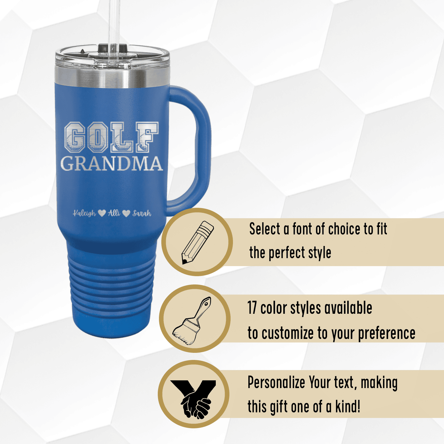 Personalized Golf Grandma Travel Mug With Handle for her, Customized Gifts for Women by Groovy Girl Gifts
