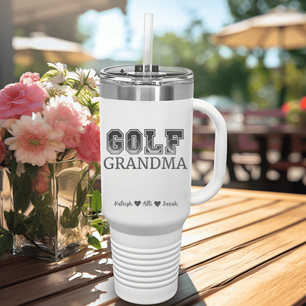 White Golf Mom Travel Mug With Handle With Golf Grandma Design
