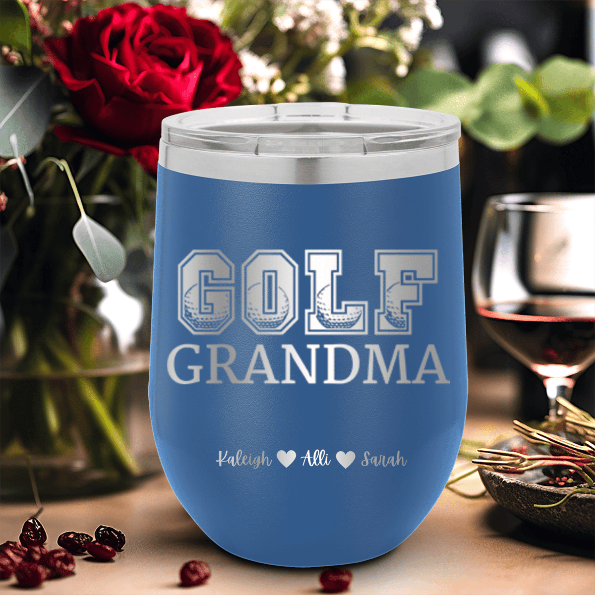 Blue Golf Mom Wine Tumbler With Golf Grandma Design