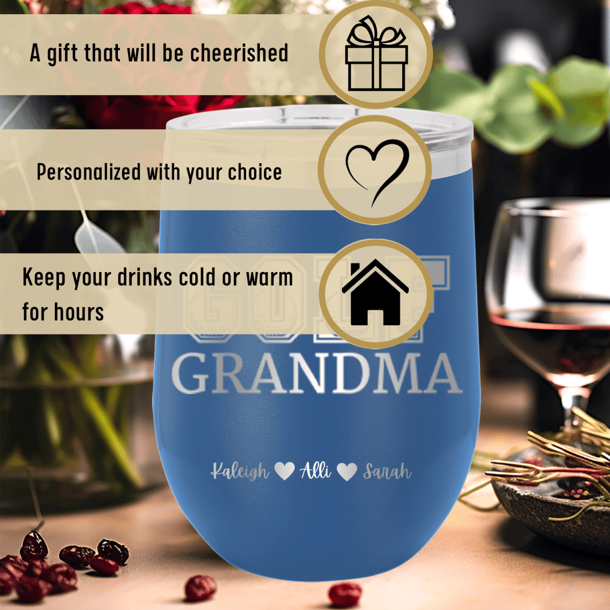 Personalized Golf Grandma Wine Tumbler for her, Customized Gifts for Women by Groovy Girl Gifts