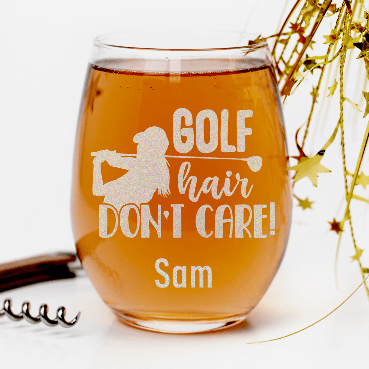 Personalized Golf Hair Dont Care Stemless Wine Glass for her, Customized Gifts for Women by Groovy Girl Gifts