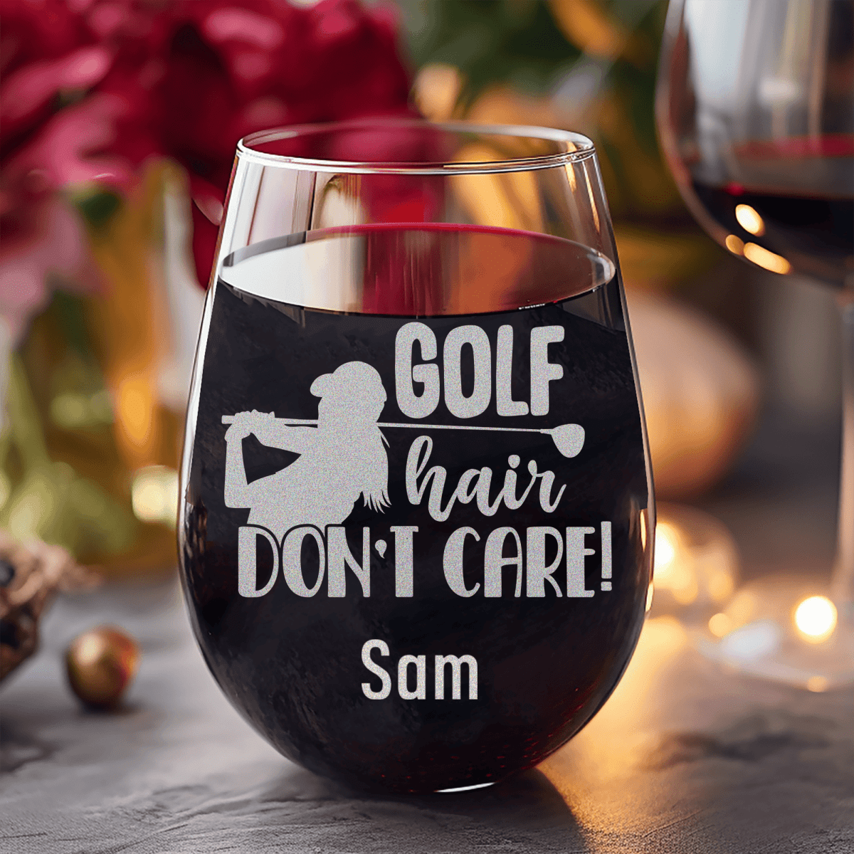 Personalized Golf Hair Dont Care Stemless Wine Glass for her, Customized Gifts for Women by Groovy Girl Gifts