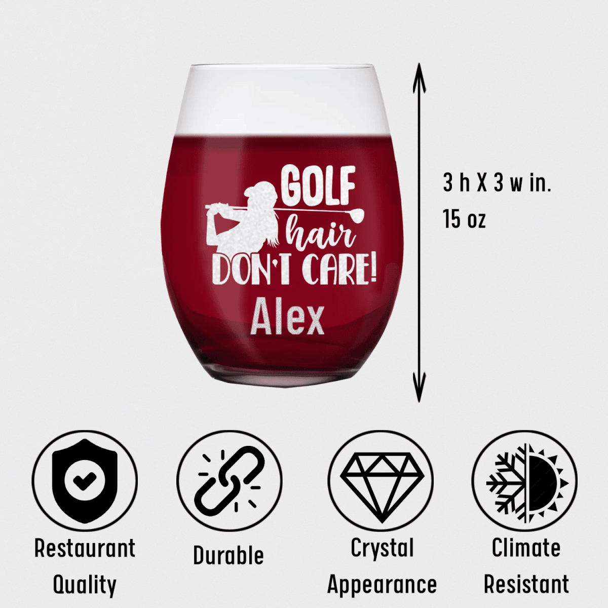 Personalized Golf Hair Dont Care Stemless Wine Glass for her, Customized Gifts for Women by Groovy Girl Gifts