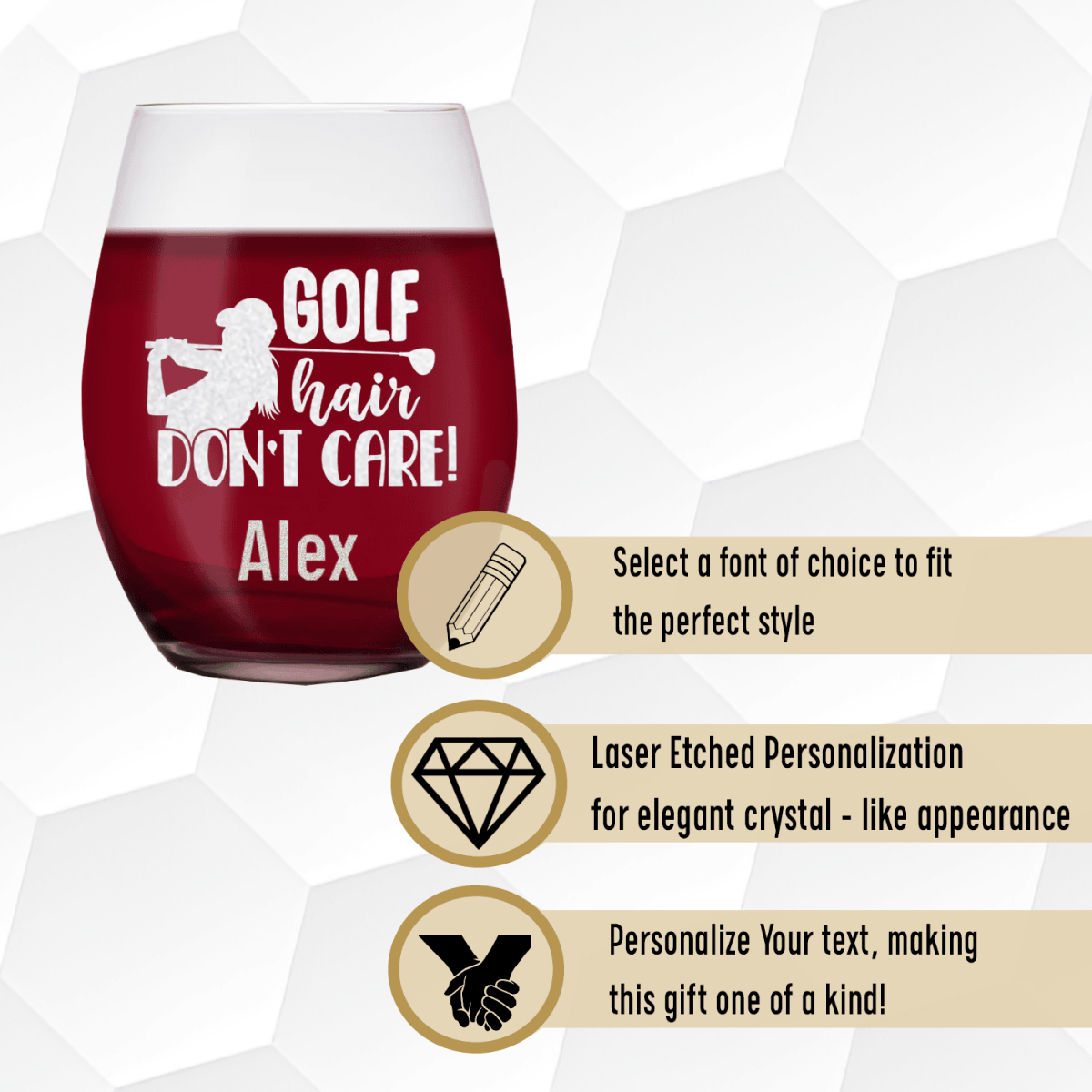 Personalized Golf Hair Dont Care Stemless Wine Glass for her, Customized Gifts for Women by Groovy Girl Gifts