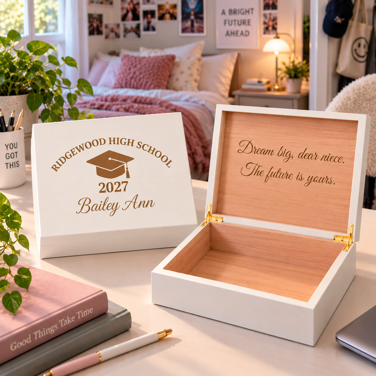 White wooden graduation keepsake box engraved with Ridgewood High School, a grad cap, 2027 and Bailey Ann, beside an open box with a message inside the lid