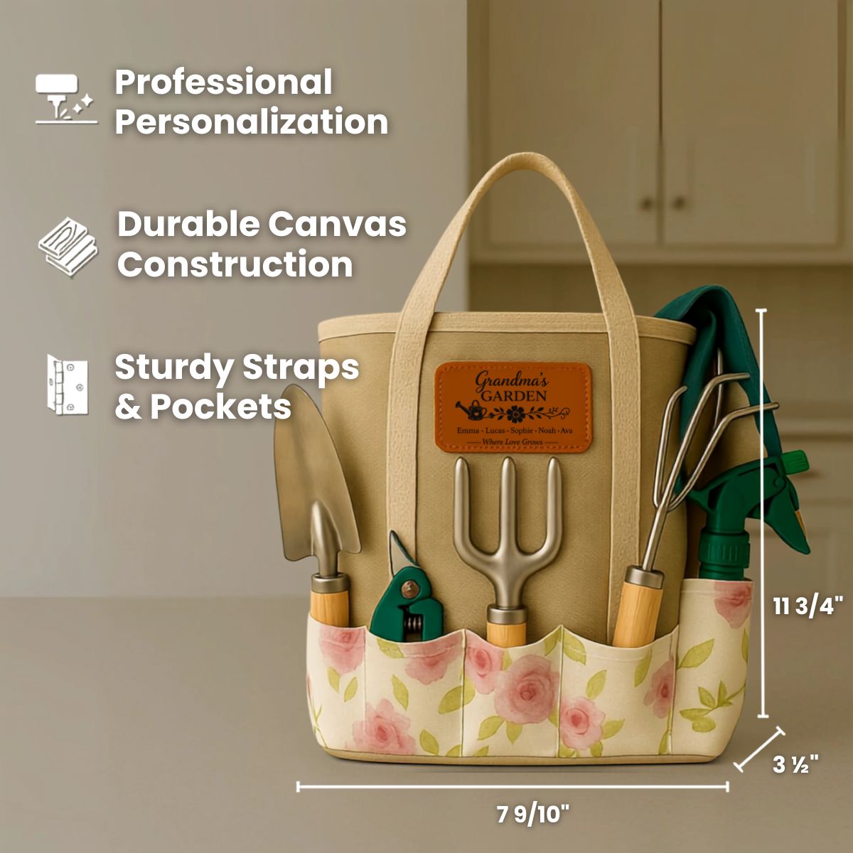 Grandma's Garden personalized tote set with rawhide patch engraved with grandkids' names, displayed against light green polyester garden tote with stainless-steel tools