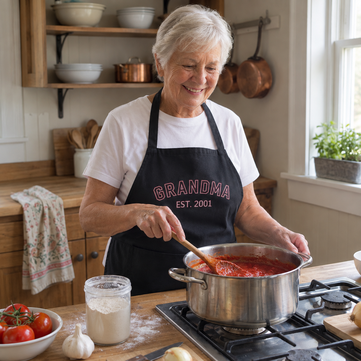 An older woman with short gray hair stands in a bright kitchen, smiling while stirring a pot of red sauce on a gas stove. She wears a white T-shirt and a black apron with the words 'GRANDMA EST.