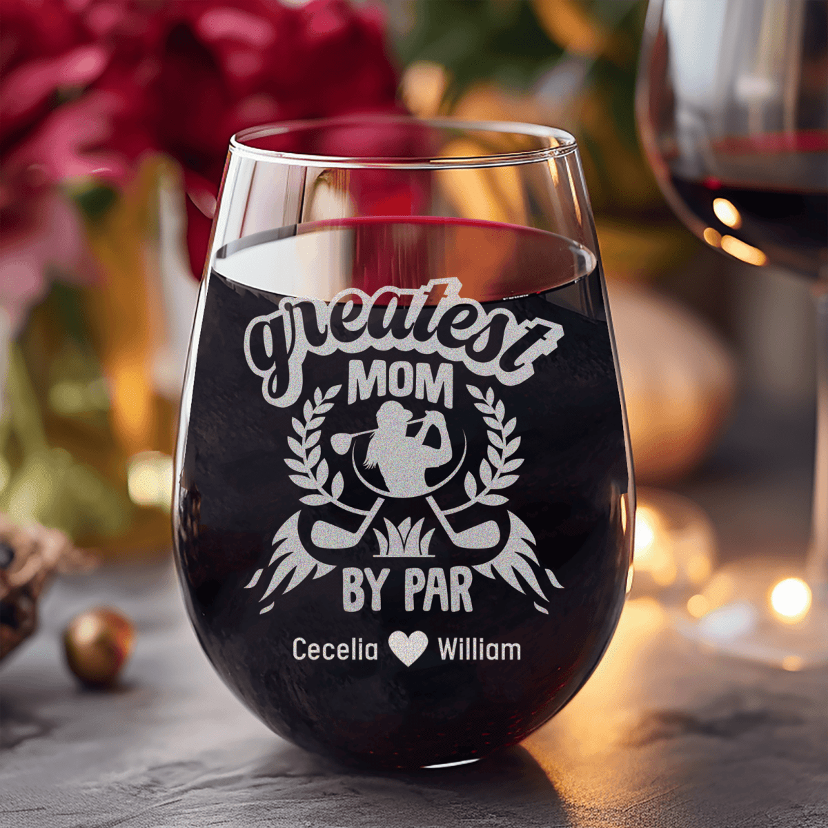 Personalized Greatest Golf Mom By Par Stemless Wine Glass for her, Customized Gifts for Women by Groovy Girl Gifts