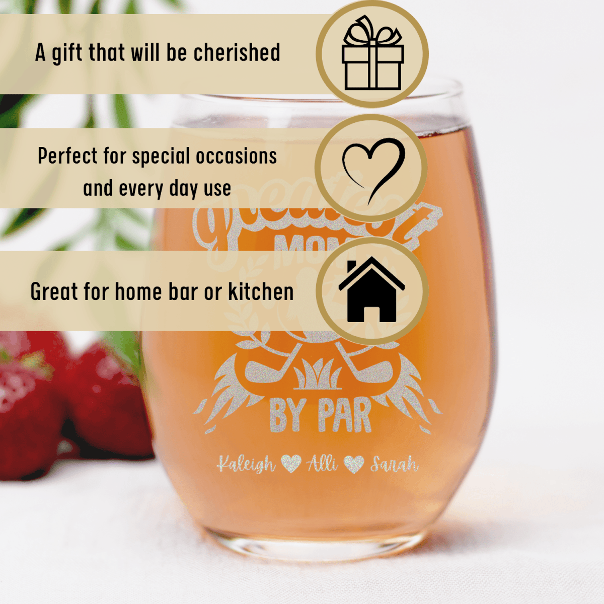 Personalized Greatest Golf Mom By Par Stemless Wine Glass for her, Customized Gifts for Women by Groovy Girl Gifts