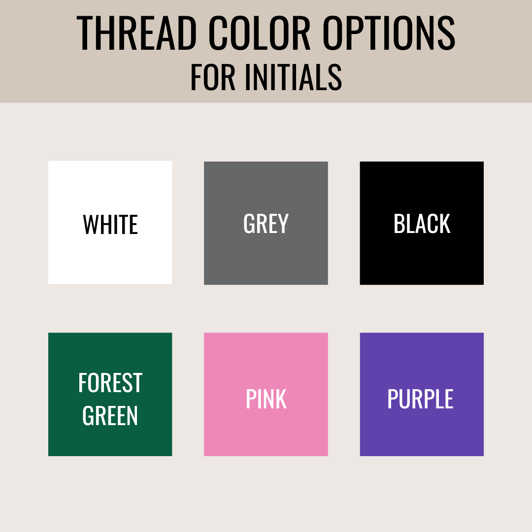 Preview showing embroidered thread color options for monogram initials: white, grey, black, forest green, pink, and purple