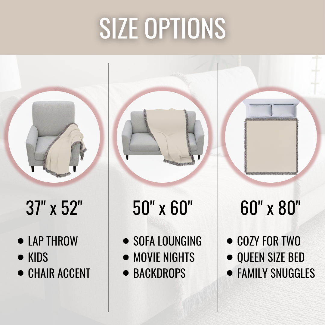 Size comparison chart showing three woven blanket dimensions: 37" x 52" lap throw, 50" x 60" sofa lounging throw, and 60" x 80" queen bed blanket with fringe trim.