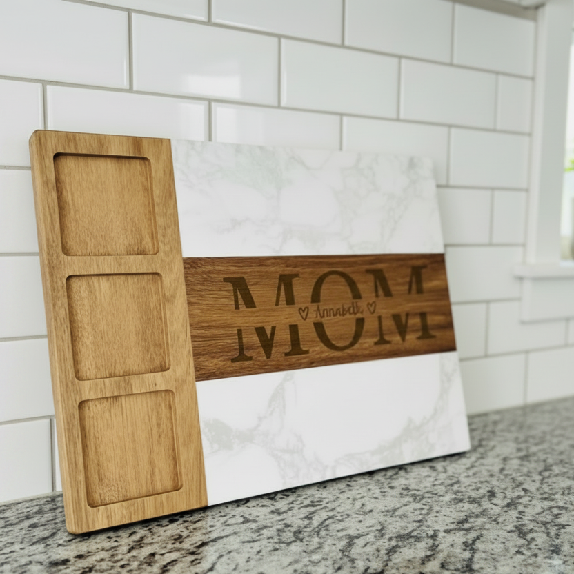 Wooden charcuterie board displayed at an angle, showing laser-engraved "MOM" text with sample name "Annabel" and heart details on the dark wood stripe, paired with white marble section.
