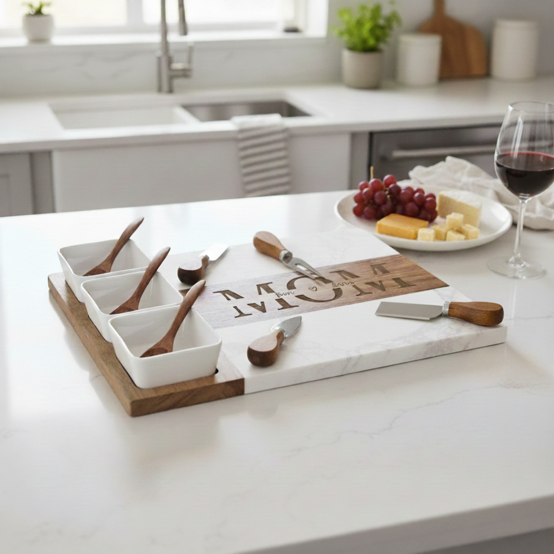 Marble and acacia wood serving board with sample engraved text displayed on countertop, styled with cheese, grapes, wooden spoons, and spreaders in modern kitchen setting.