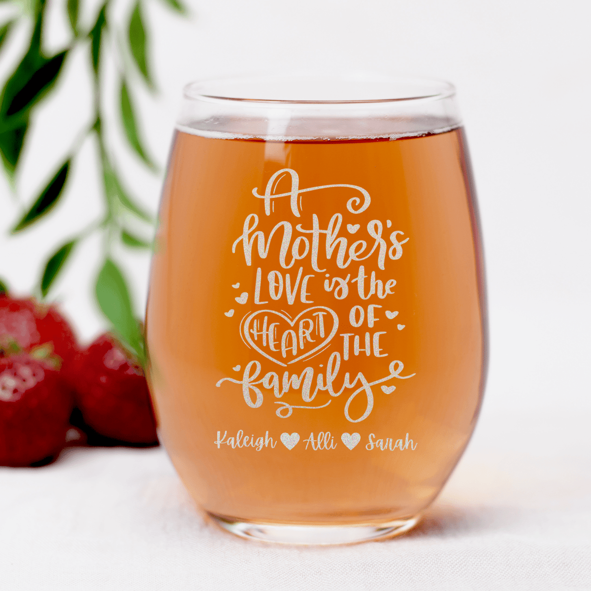 Personalized Heart Of The Family Stemless Wine Glass for her, Customized Gifts for Women by Groovy Girl Gifts
