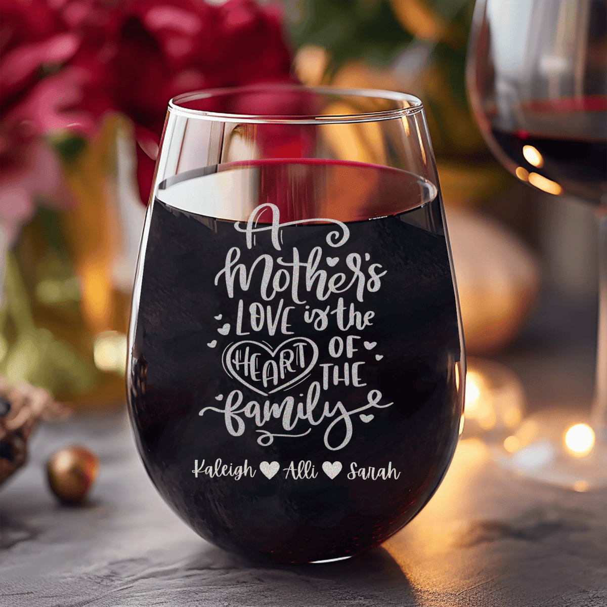 Personalized Heart Of The Family Stemless Wine Glass for her, Customized Gifts for Women by Groovy Girl Gifts