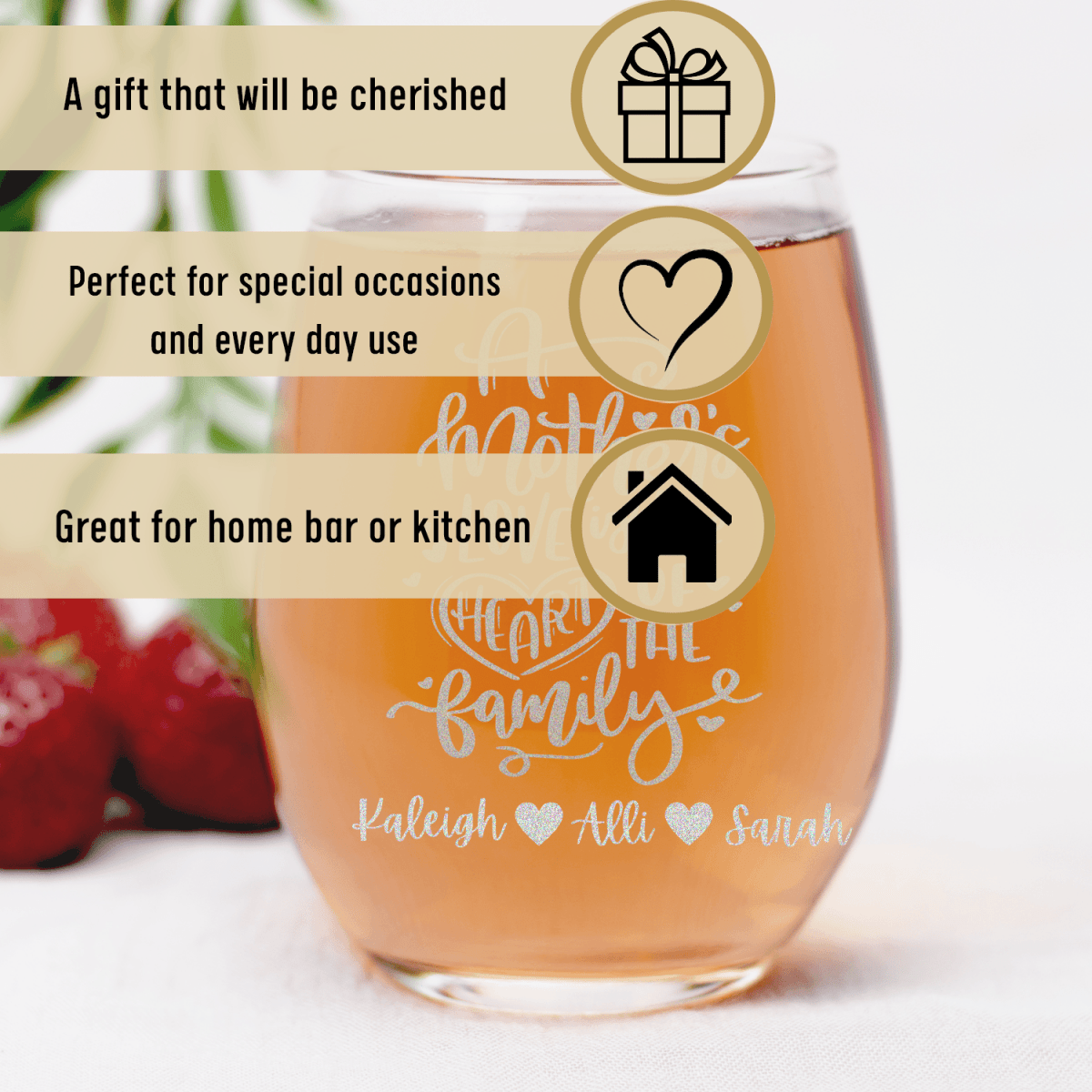 Personalized Heart Of The Family Stemless Wine Glass for her, Customized Gifts for Women by Groovy Girl Gifts
