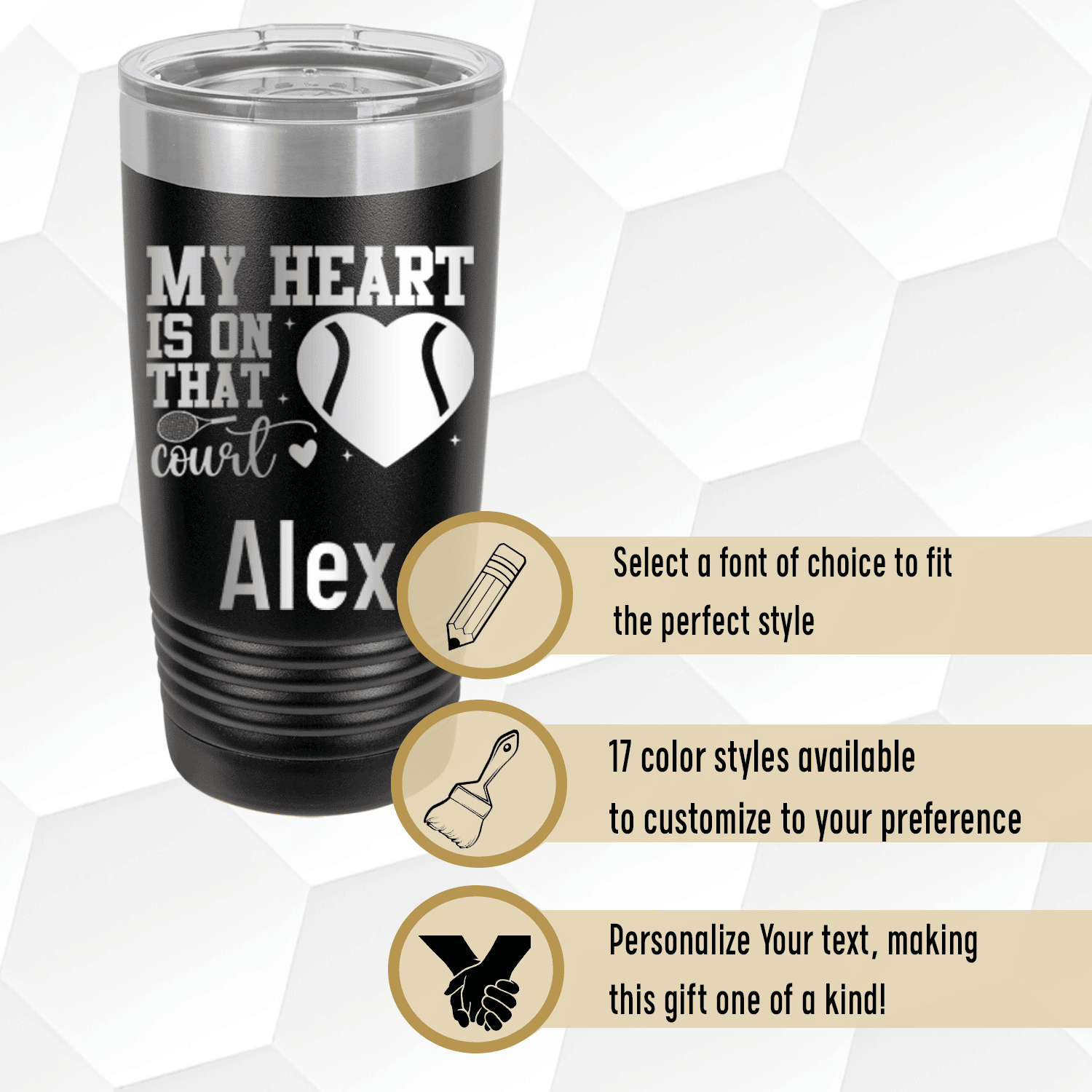 Personalized Heart On The Tennis Court Tumbler for her, Customized Gifts for Women by Groovy Girl Gifts