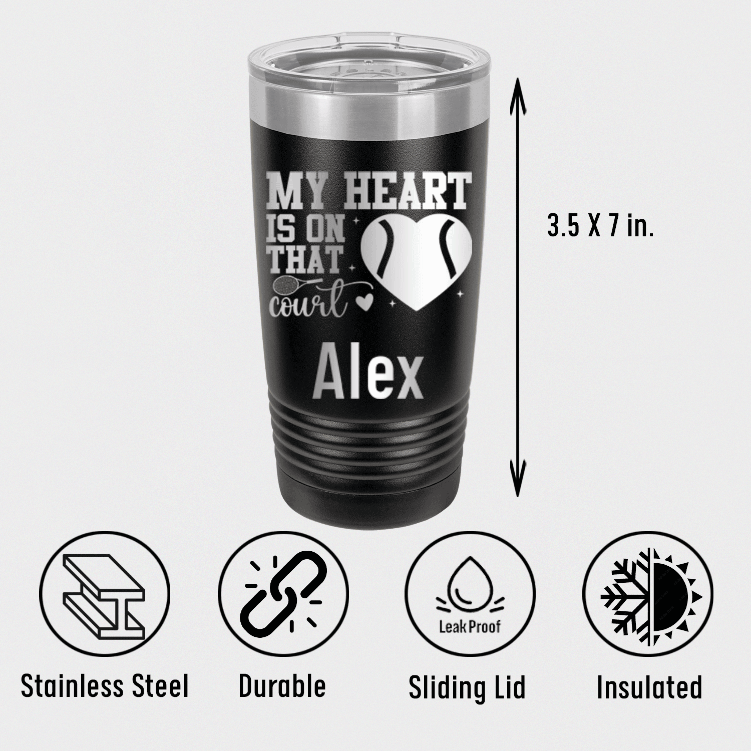 Personalized Heart On The Tennis Court Tumbler for her, Customized Gifts for Women by Groovy Girl Gifts