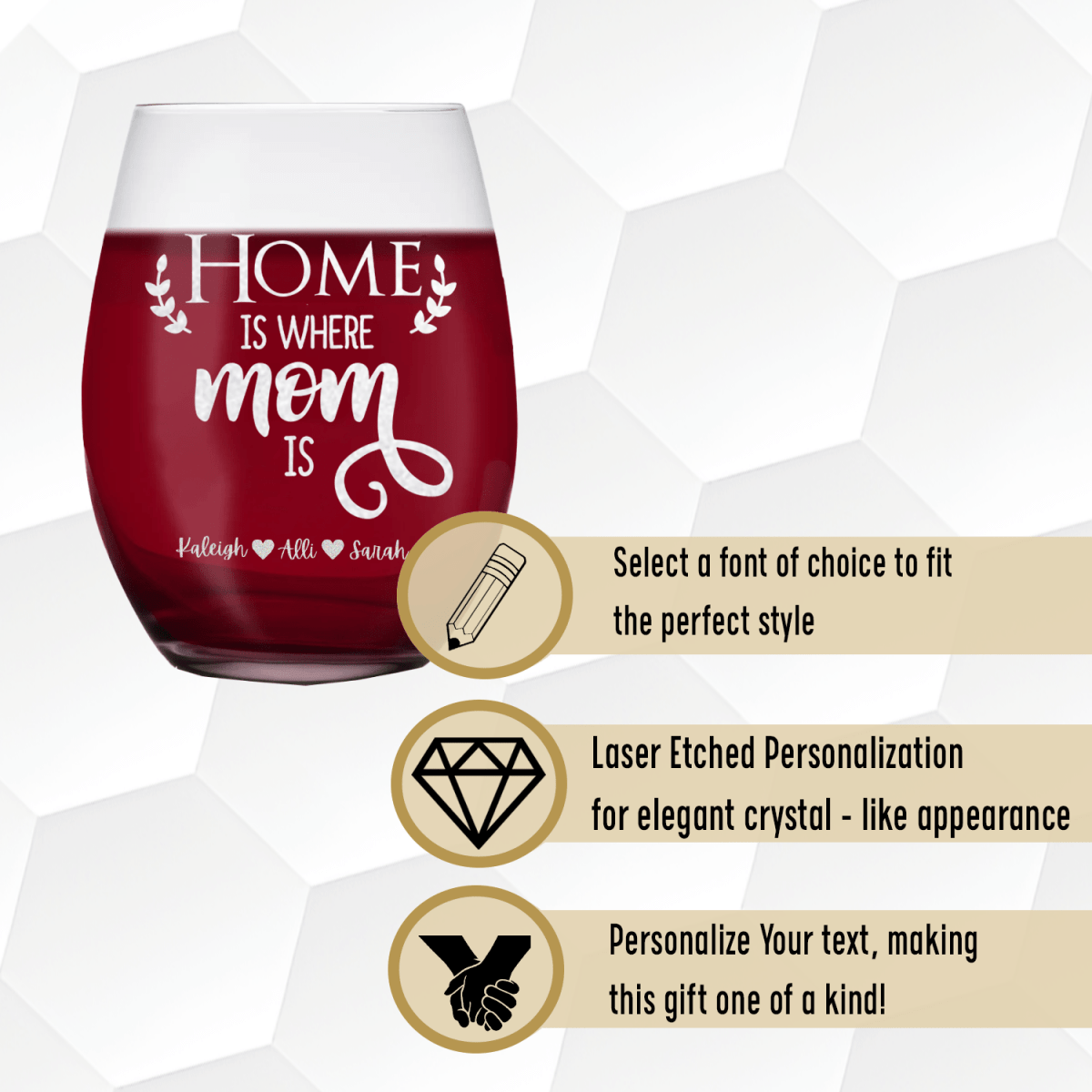 Personalized Home Is Where Mom Is Stemless Wine Glass for her, Customized Gifts for Women by Groovy Girl Gifts