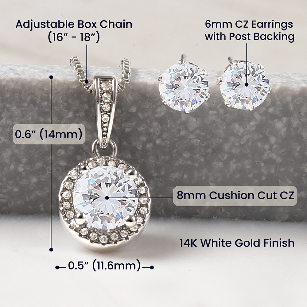 Labeled diagram showing jewelry set specifications: 8mm cushion-cut CZ pendant on 16"-18" adjustable box chain, 6mm round CZ stud earrings, all in 14K white gold finish with measurement details.