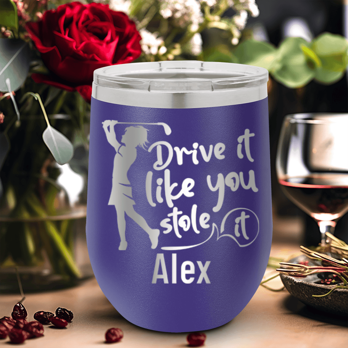 Purple Golf Gifts For Her Wine Tumbler With I Drive Like Its Stolen Design