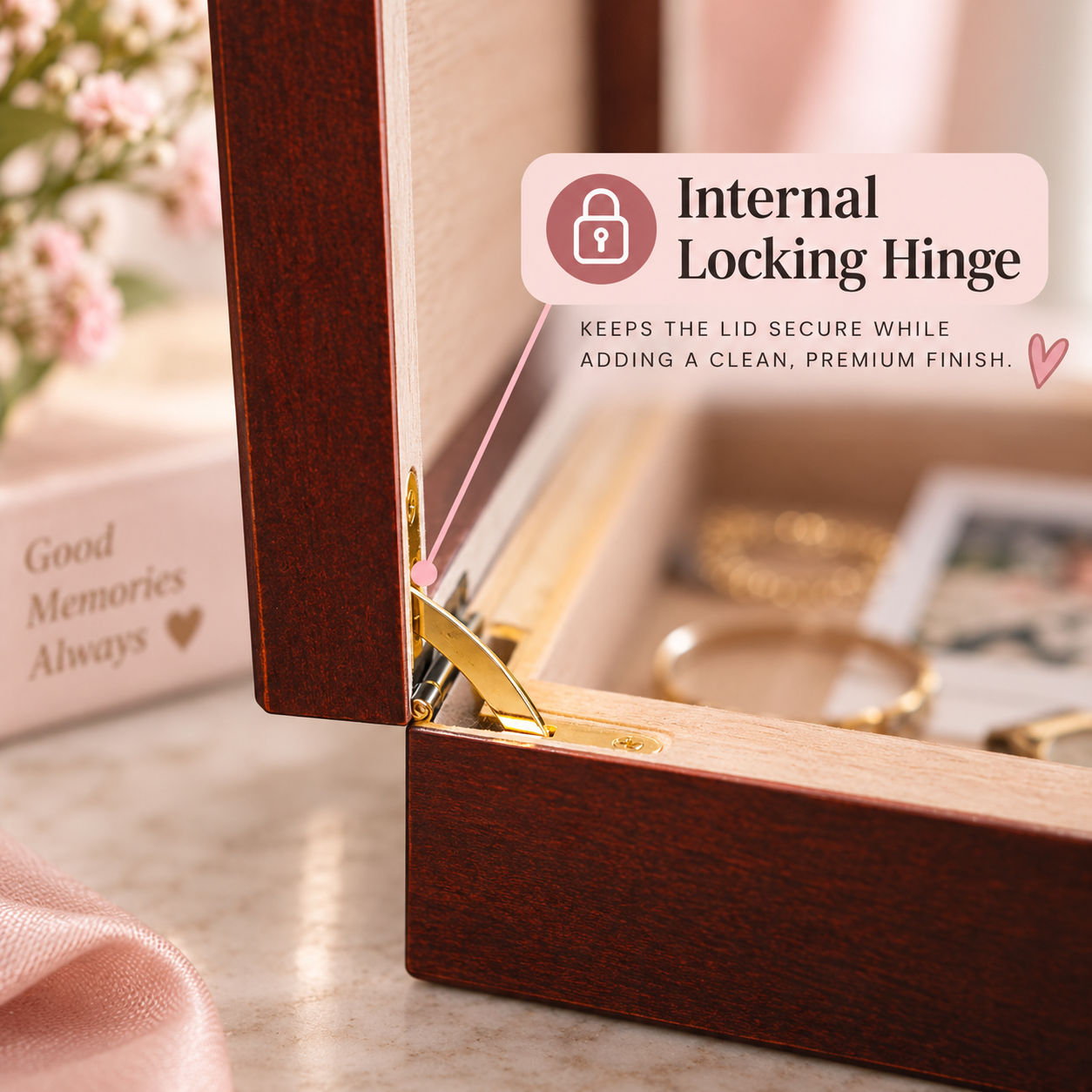 Close-up of the internal locking hinge on a cherry wood keepsake box, holding the lid open above the light Spanish cedar lining inside
