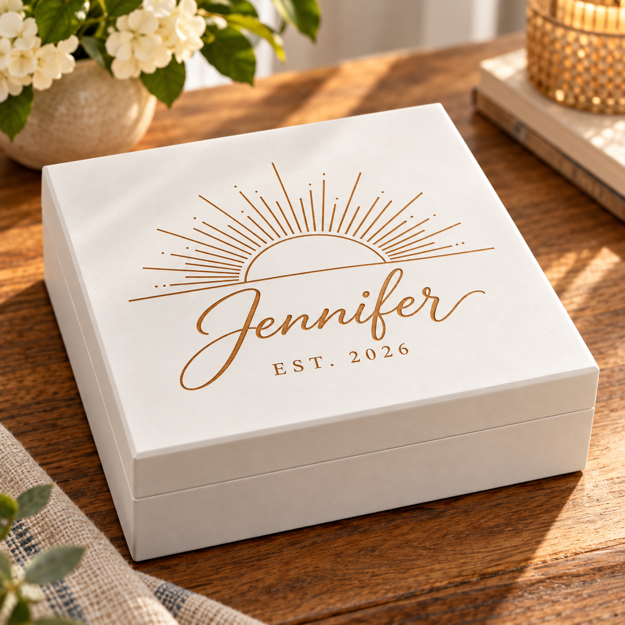 A white square keepsake box with a gold engraved sunburst and the personalized name 'Jennifer EST. 2026' on the lid, displayed on a wooden table in a warm, sunlit setting.