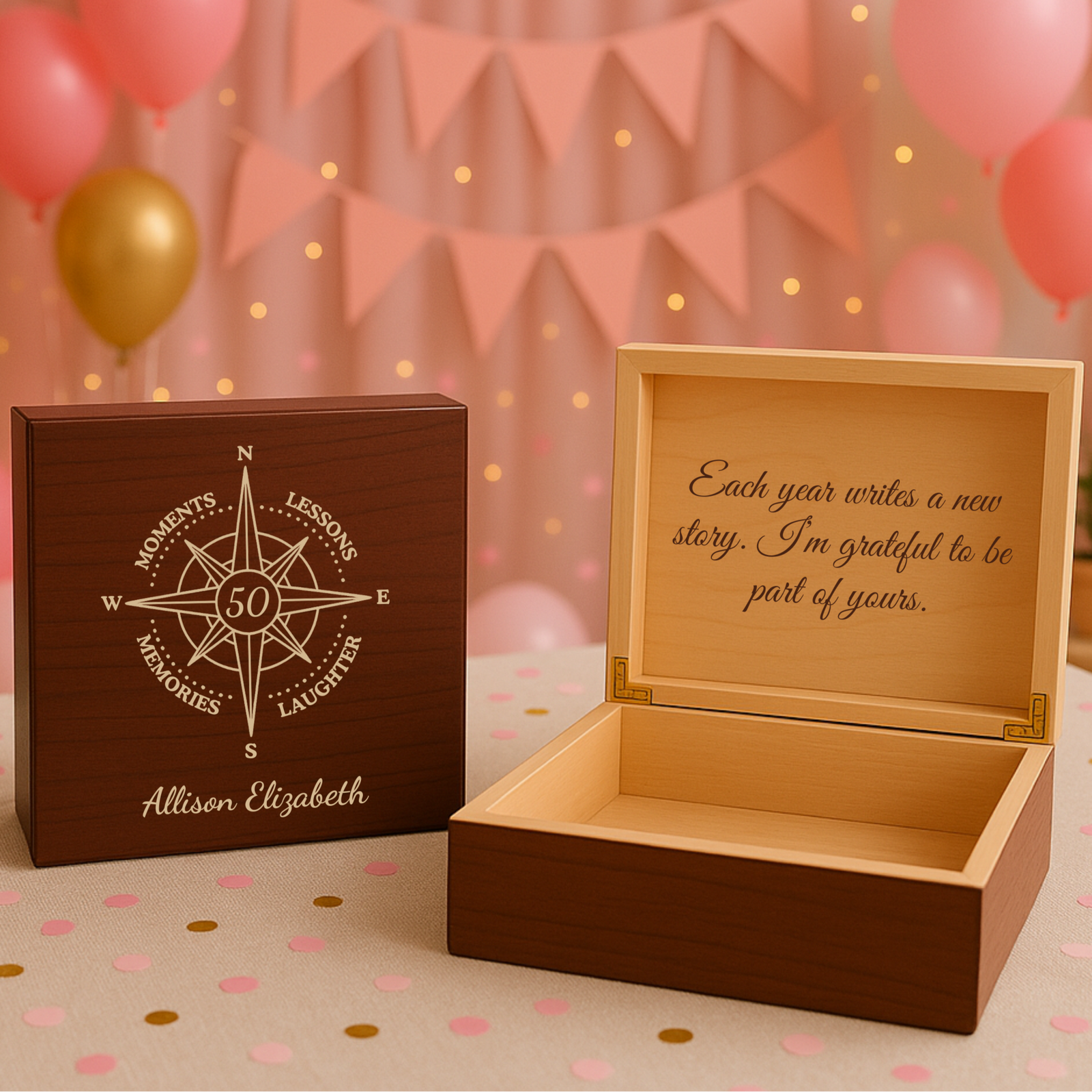 Personalized wooden birthday keepsake box for her with engraved compass and heartfelt message