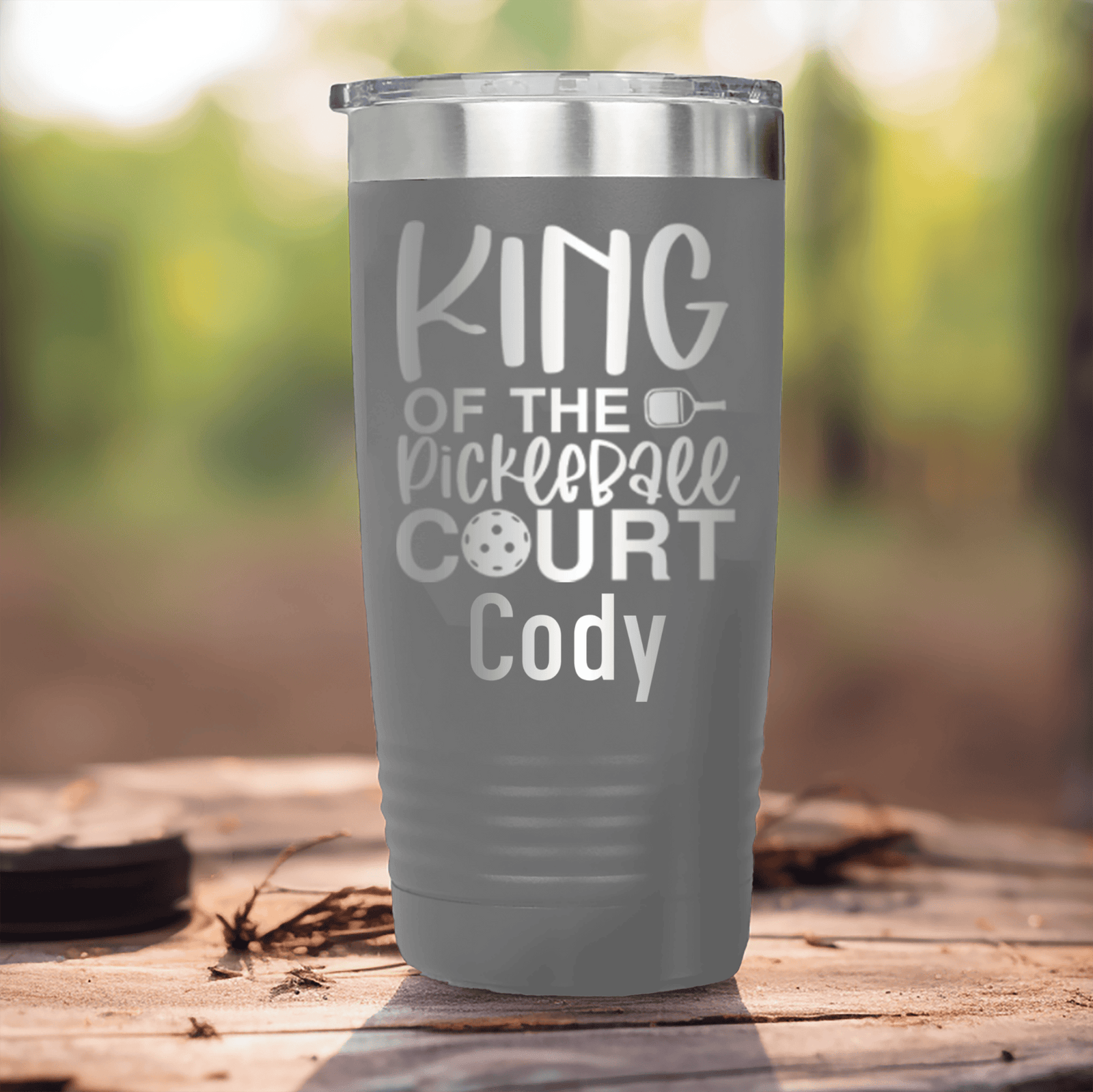 Grey Pickleball Tumbler With King Of The Pickleball Court Design