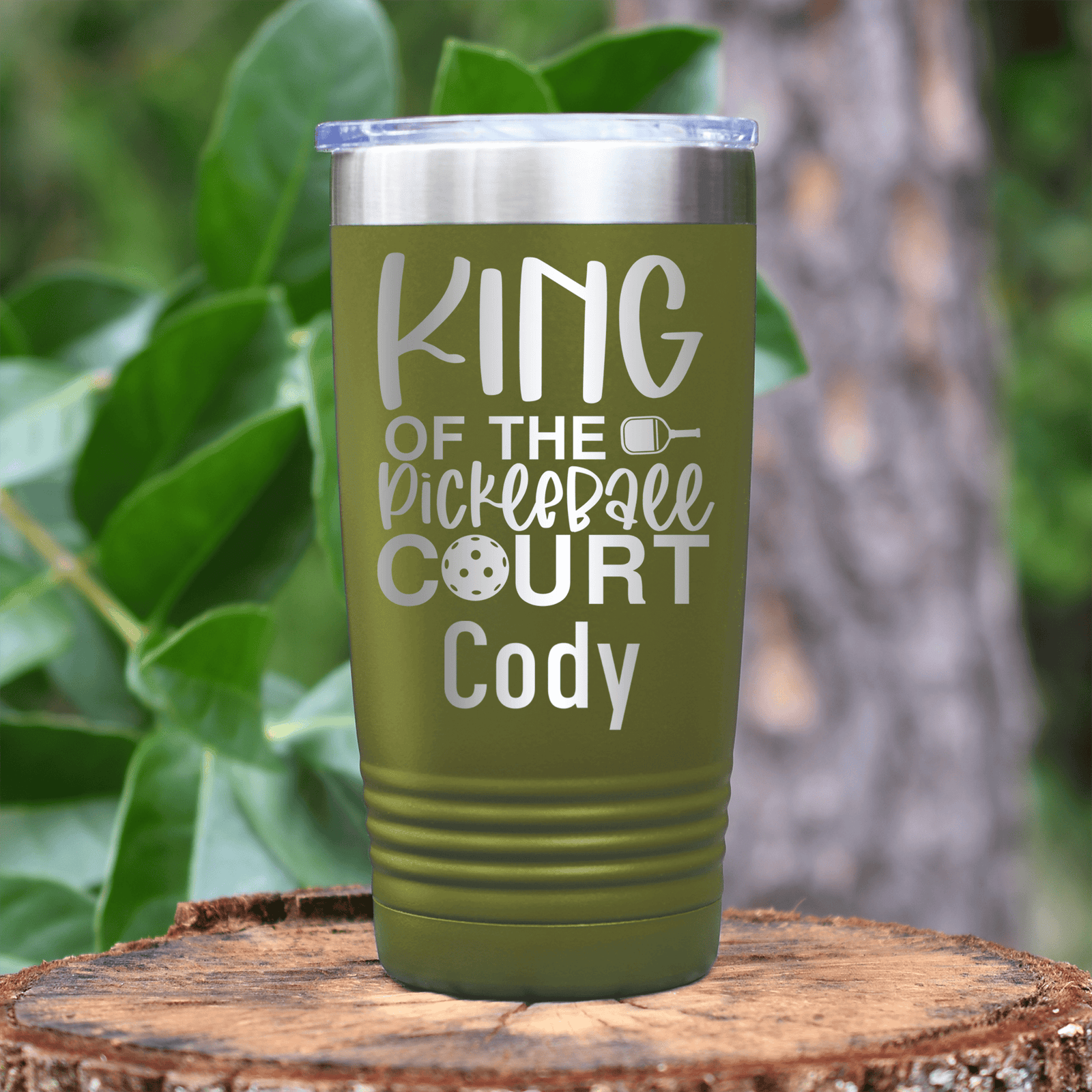 Military Green Pickleball Tumbler With King Of The Pickleball Court Design