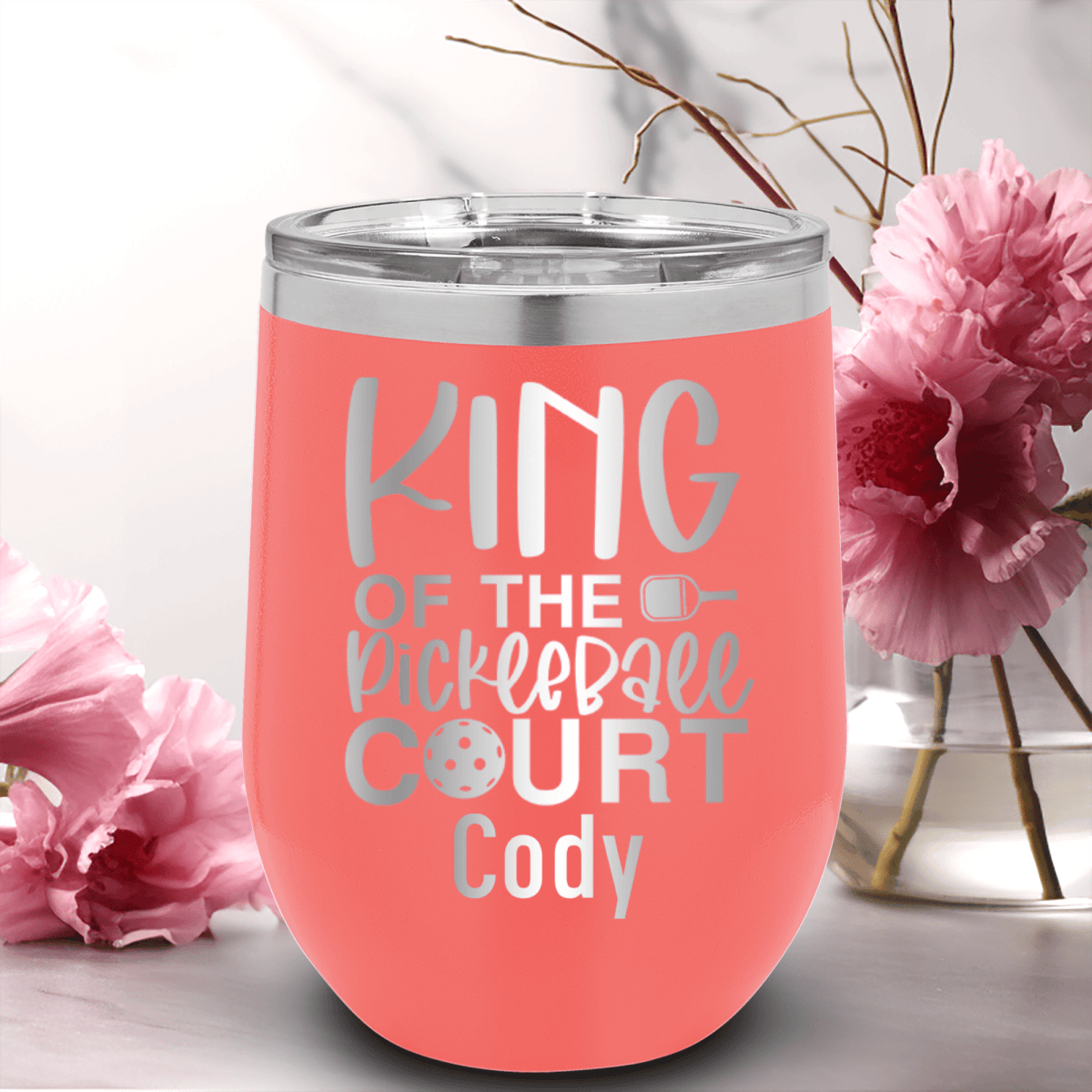 Salmon Pickleball Wine Tumbler With King Of The Pickleball Court Design