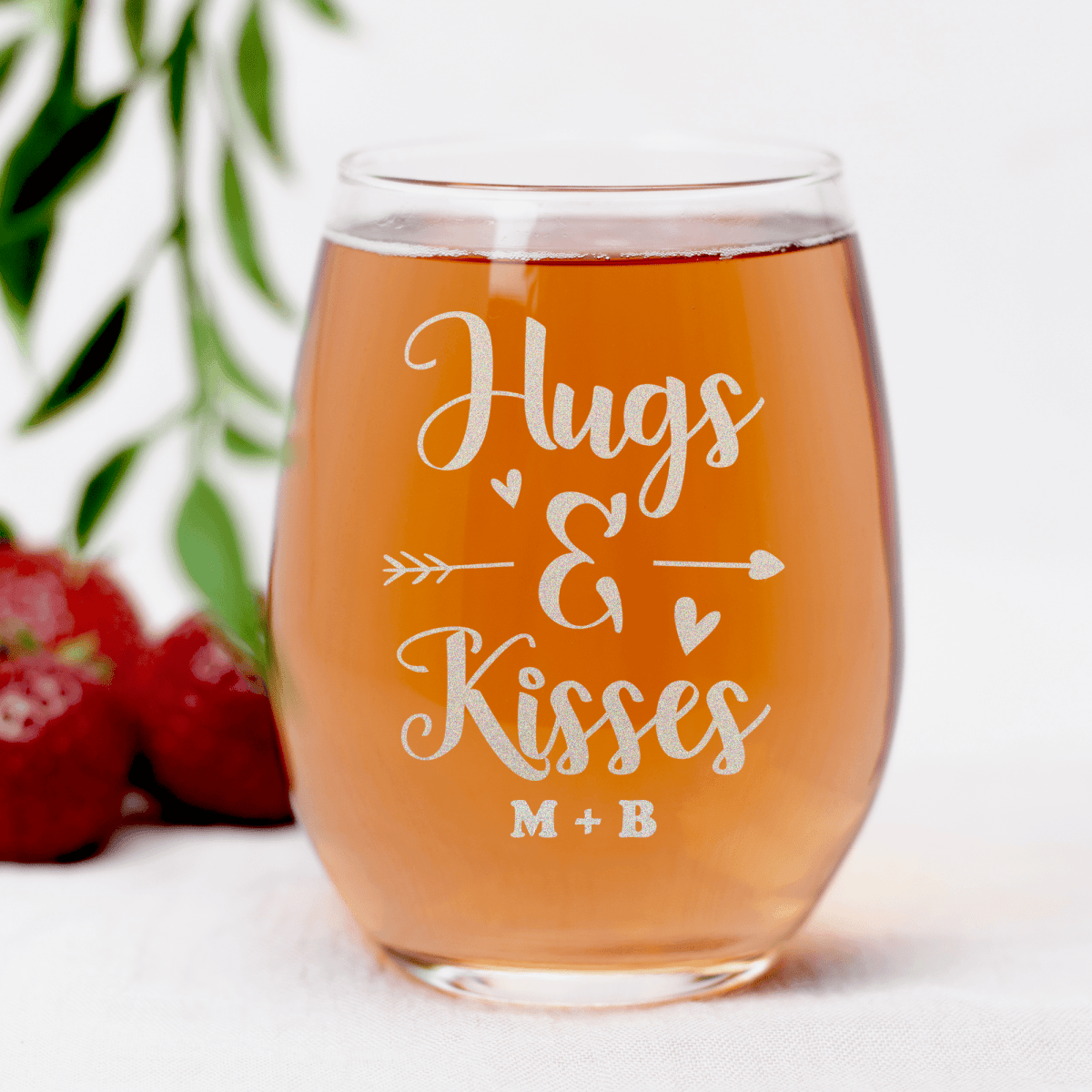 Personalized Kisses For My Valentine Stemless Wine Glass for her, Customized Gifts for Women by Groovy Girl Gifts