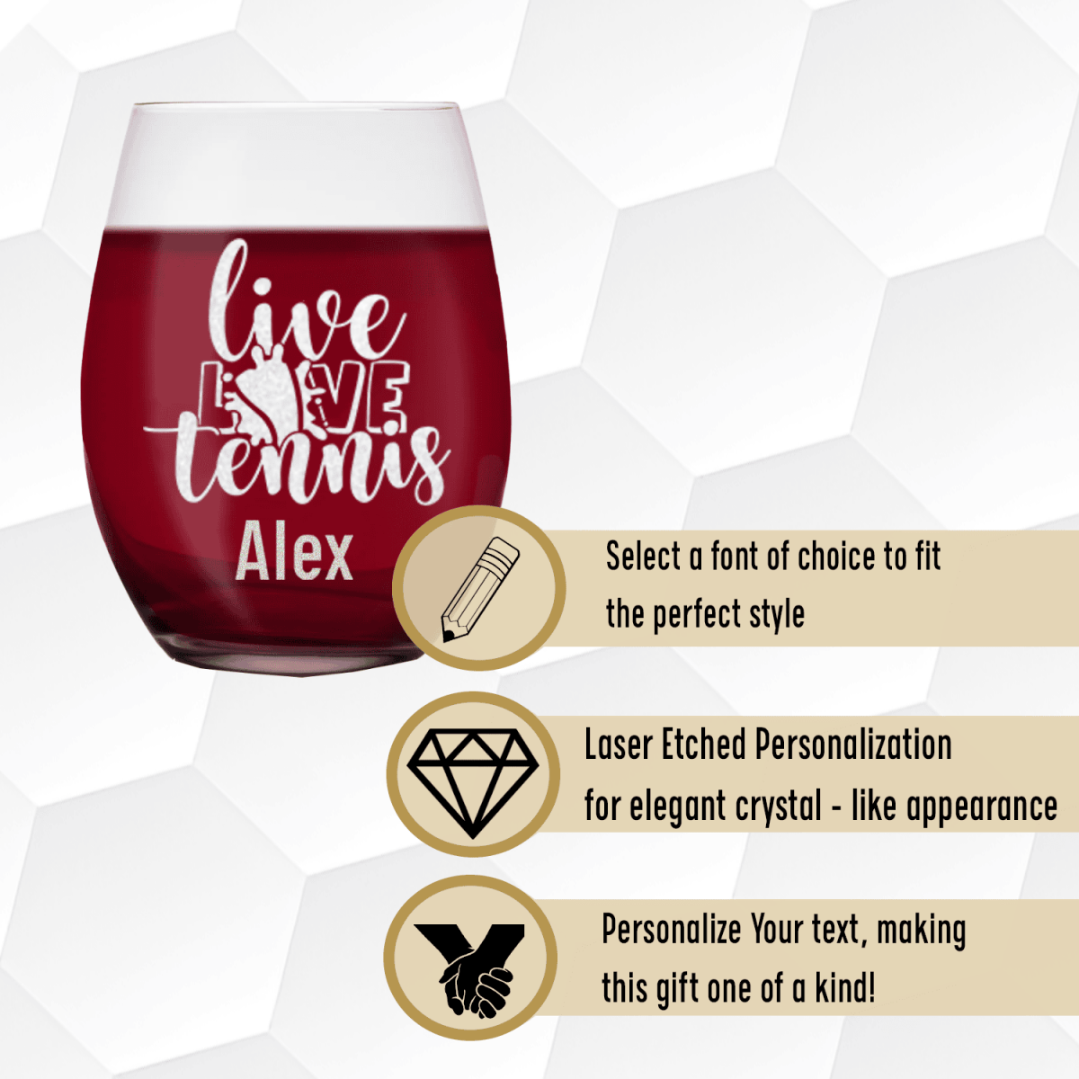 Personalized Live Love Tennis Stemless Wine Glass for her, Customized Gifts for Women by Groovy Girl Gifts