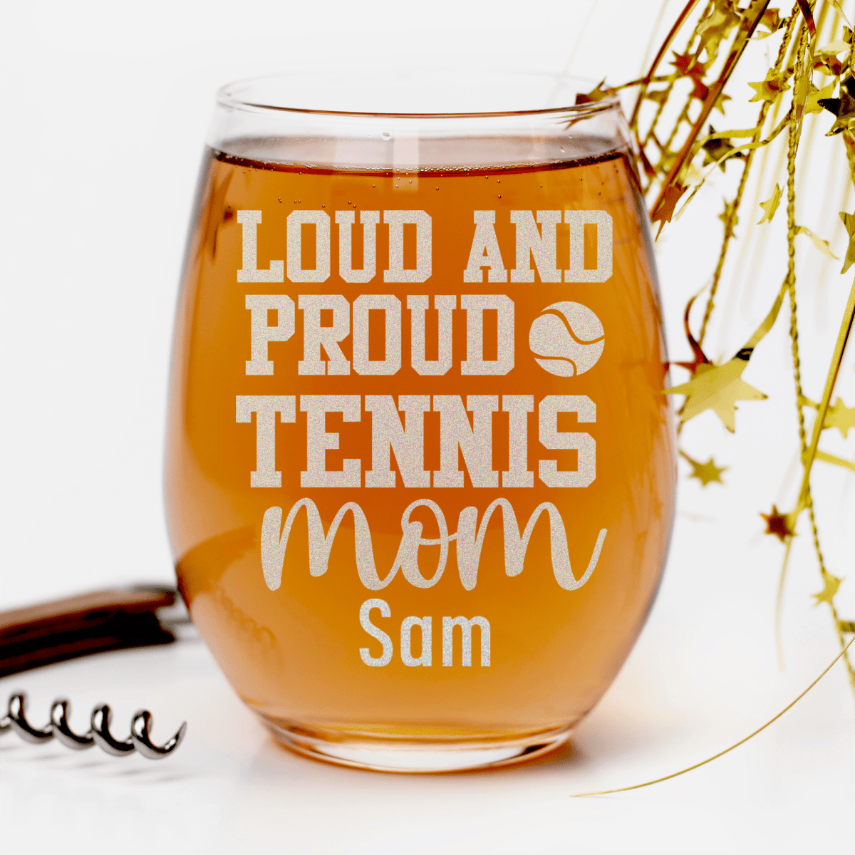 Personalized Loud And Proud Tennis Mom Stemless Wine Glass for her, Customized Gifts for Women by Groovy Girl Gifts