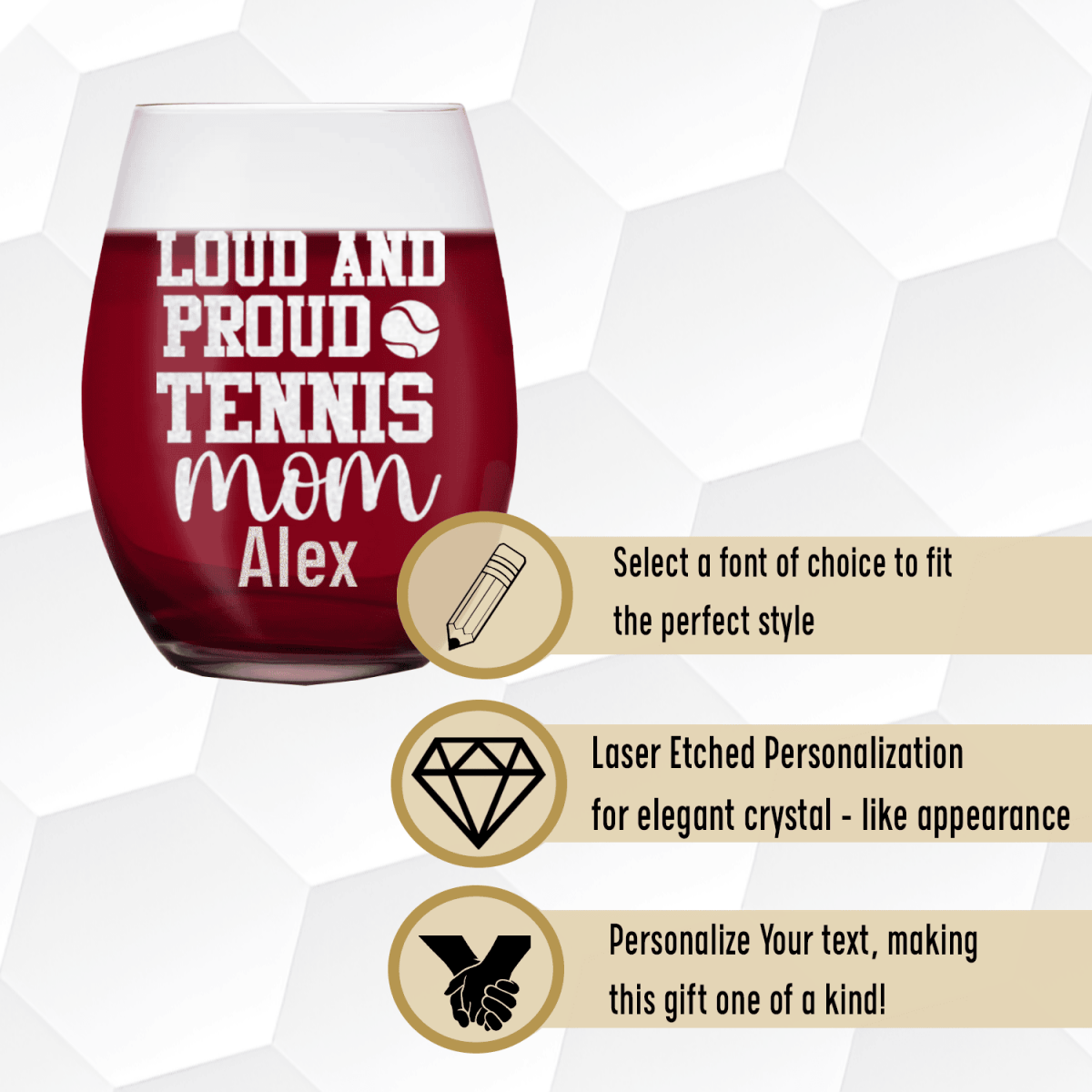 Personalized Loud And Proud Tennis Mom Stemless Wine Glass for her, Customized Gifts for Women by Groovy Girl Gifts