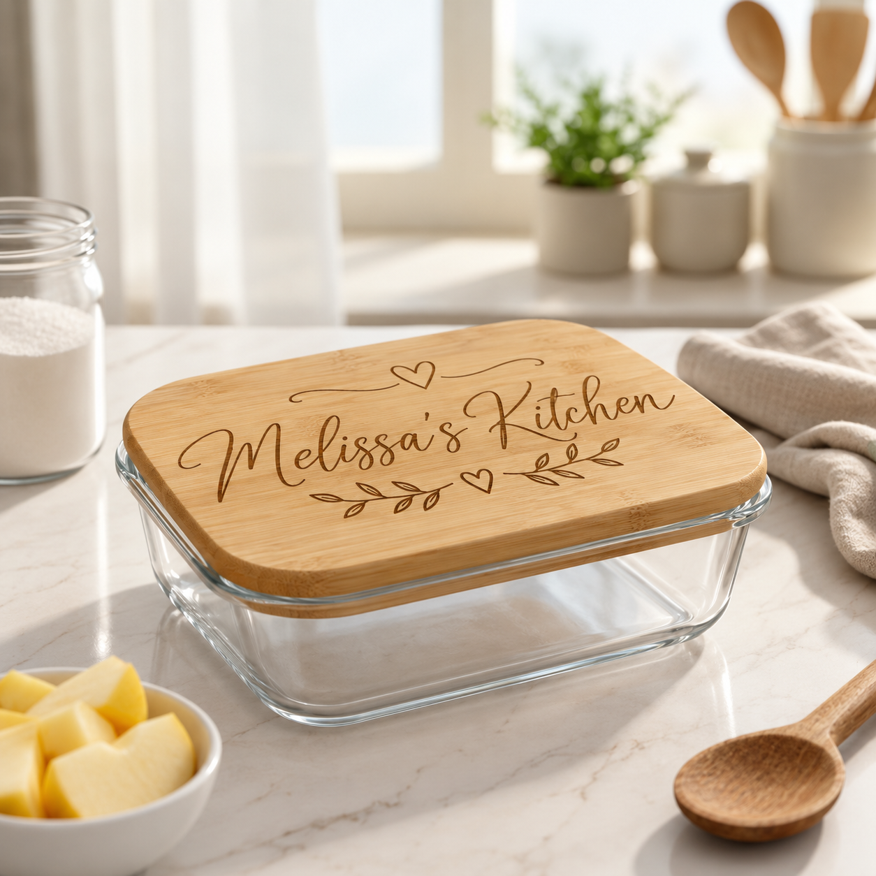 A clear glass rectangular storage container with a light natural wood lid engraved with the words "Melissa's Kitchen" and small heart and leaf motifs, shown on a kitchen counter with butter, a wooden spoon, and soft background props.