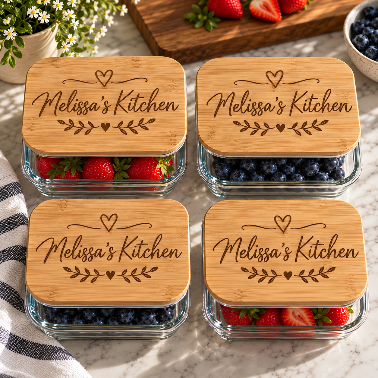 Four clear glass meal prep containers with rectangular bamboo lids, each engraved with 'Melissa's Kitchen' and a small leaf motif. The containers are arranged on a marble surface with strawberries and blueberries visible inside, alongside a striped cloth and a small plant.
