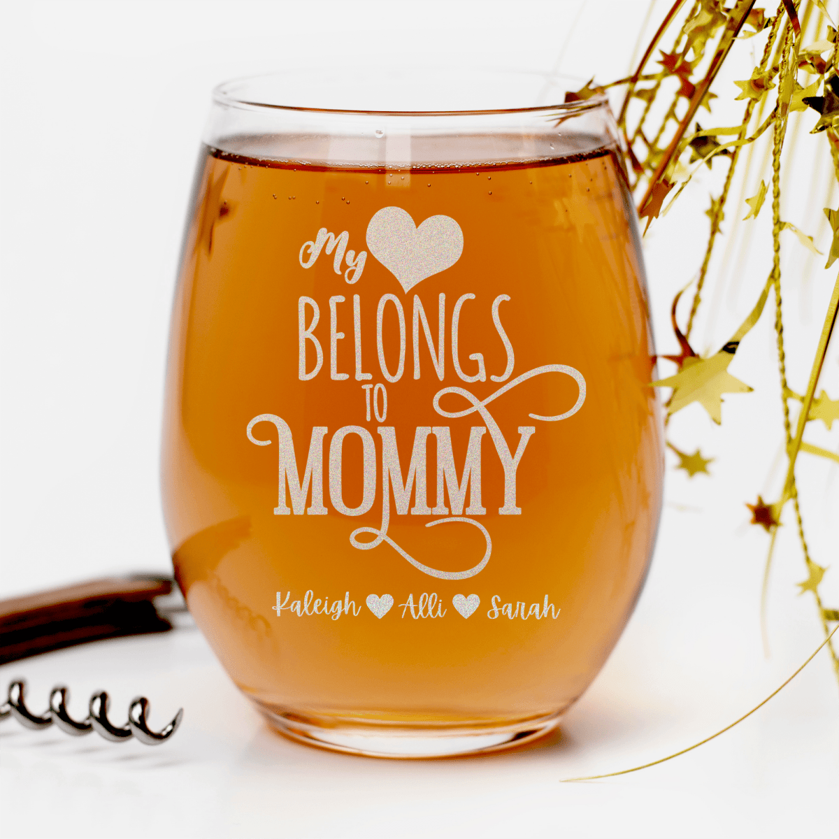 Personalized Mommy Has My Heart Stemless Wine Glass for her, Customized Gifts for Women by Groovy Girl Gifts