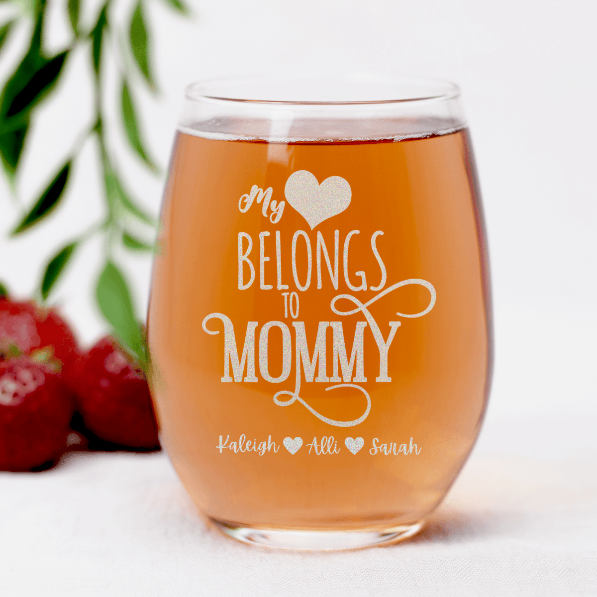 Personalized Mommy Has My Heart Stemless Wine Glass for her, Customized Gifts for Women by Groovy Girl Gifts