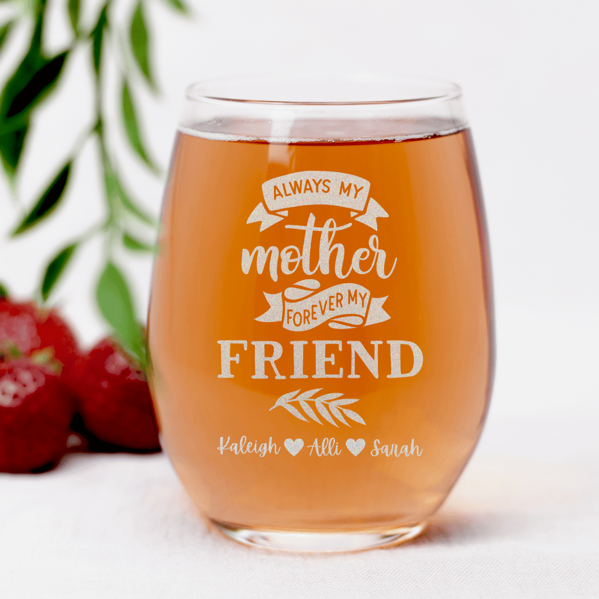 Personalized Moms Forever Friend Stemless Wine Glass for her, Customized Gifts for Women by Groovy Girl Gifts