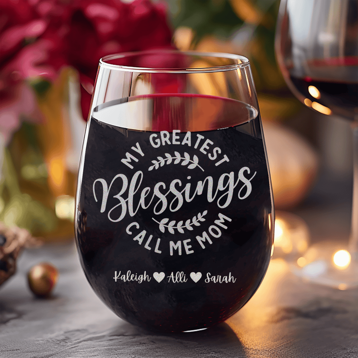 Personalized Moms Greatest Blessings Stemless Wine Glass for her, Customized Gifts for Women by Groovy Girl Gifts