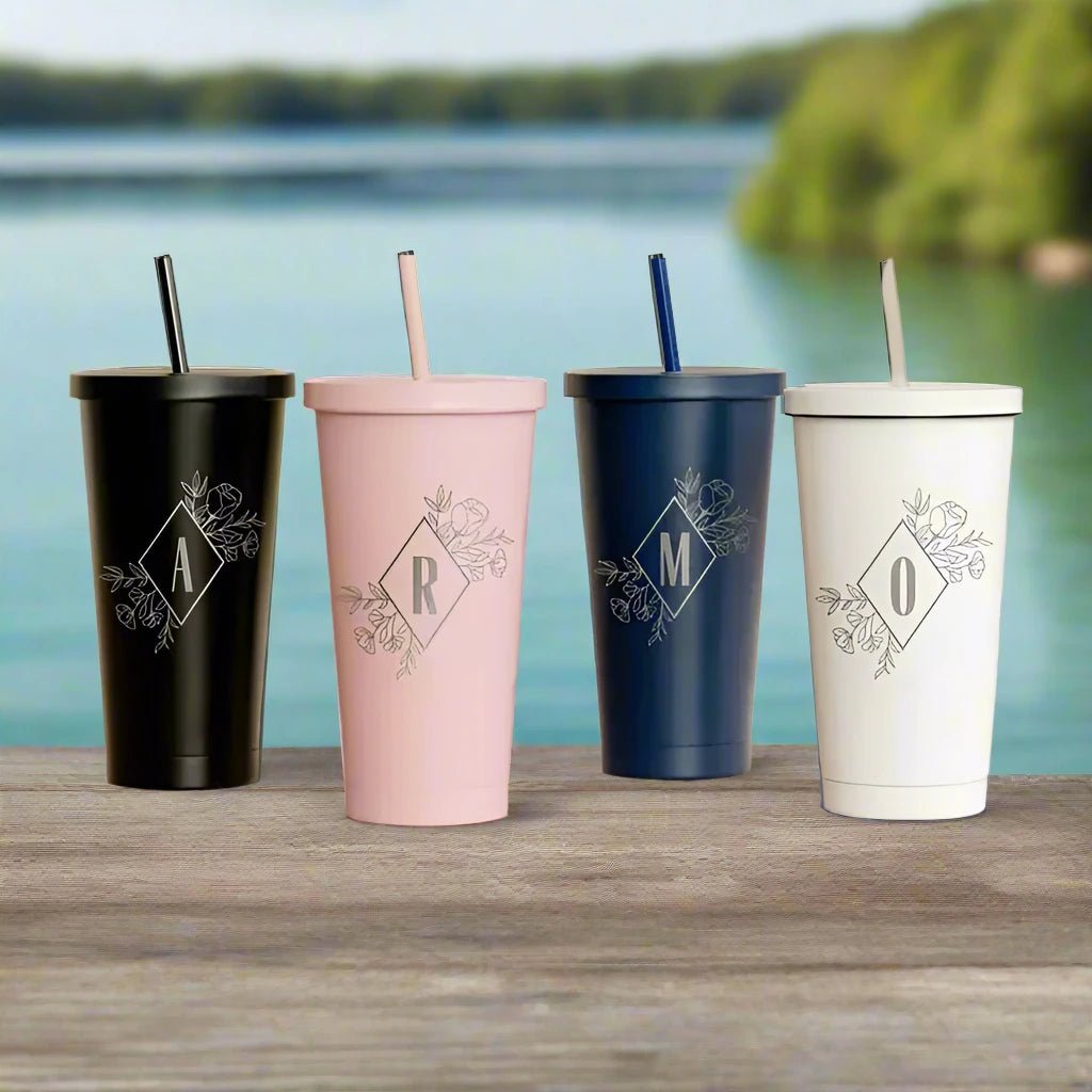 Monogrammed Initial Steel Floral Tumbler with Straw