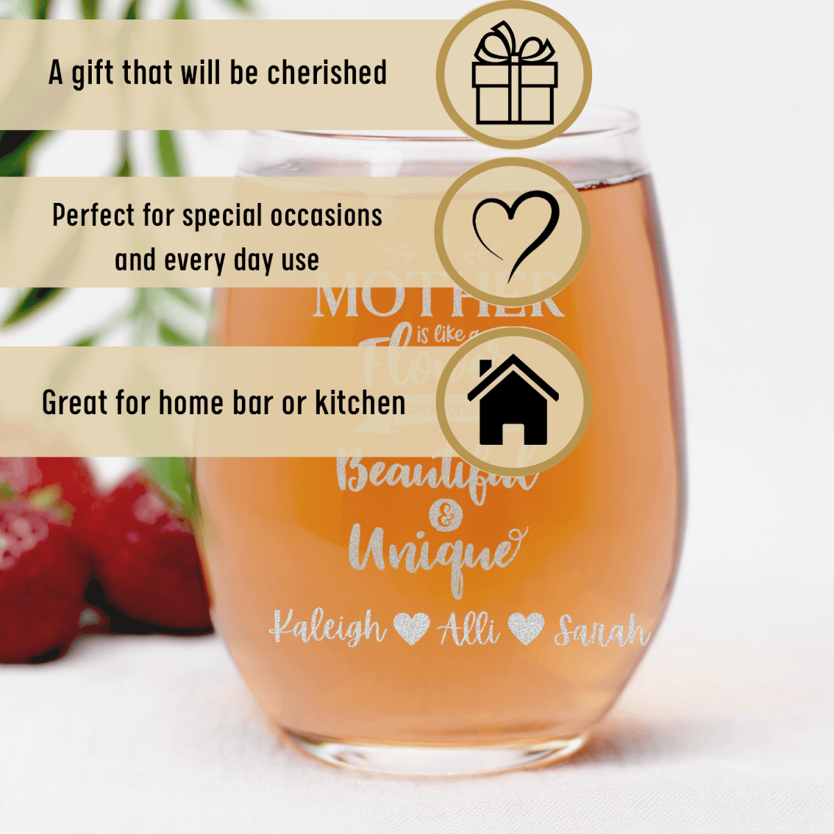 Personalized Mothers Are Like Flowers Stemless Wine Glass for her, Customized Gifts for Women by Groovy Girl Gifts