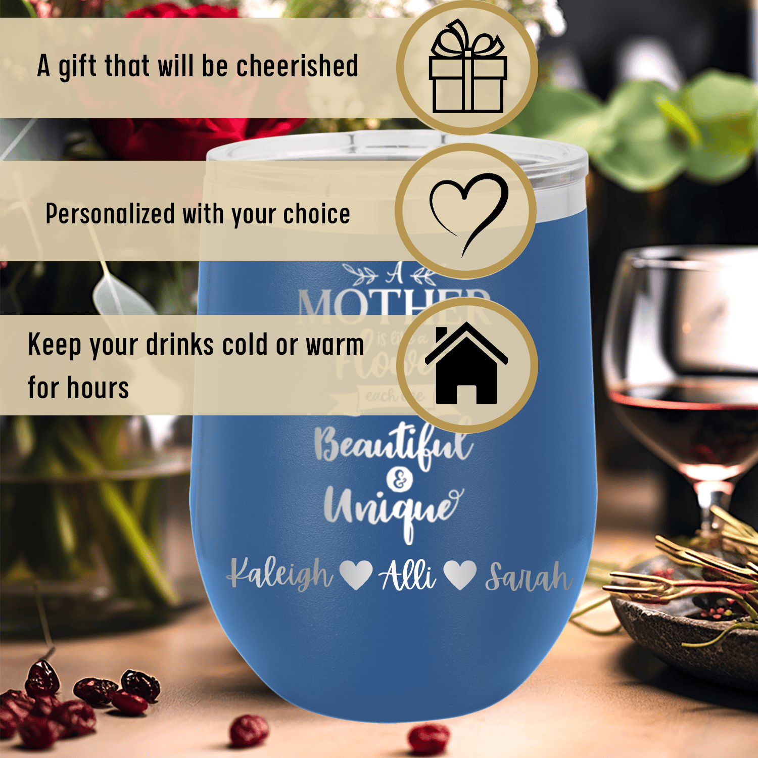 Personalized Mothers Are Like Flowers Wine Tumbler for her, Customized Gifts for Women by Groovy Girl Gifts