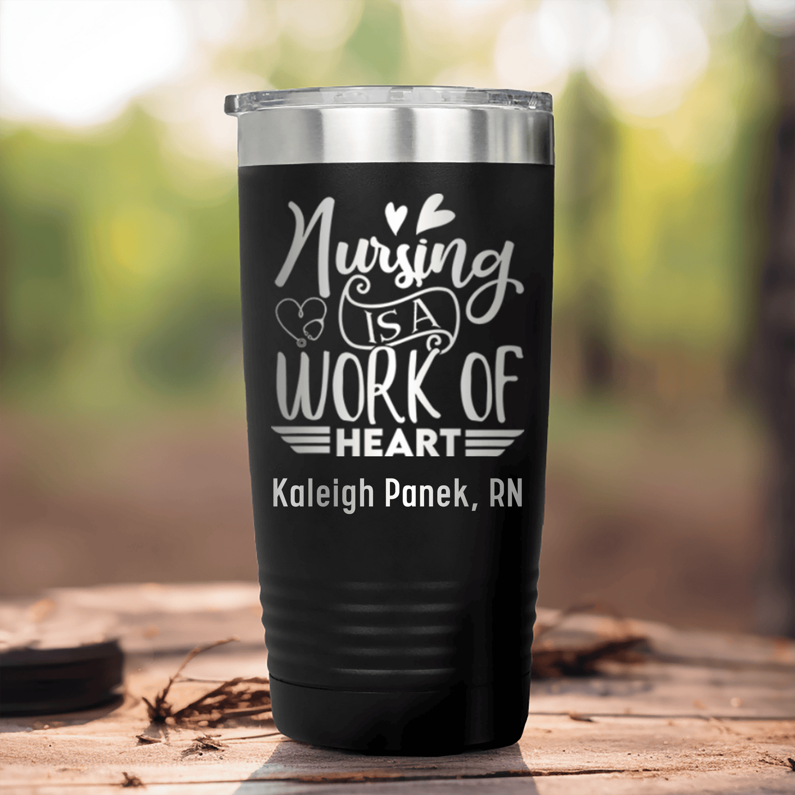 Black Nurse Tumbler With Nursing Is Work Of Heart Design