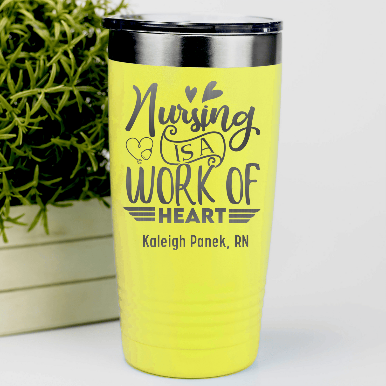 Yellow Nurse Tumbler With Nursing Is Work Of Heart Design