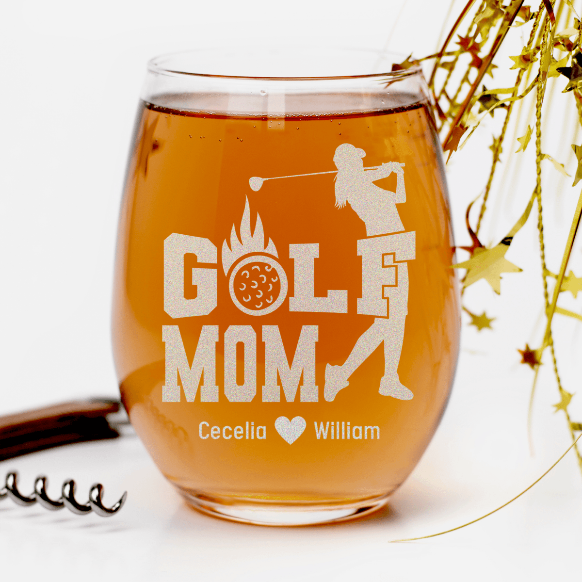 Personalized On Fire Golf Mom Stemless Wine Glass for her, Customized Gifts for Women by Groovy Girl Gifts