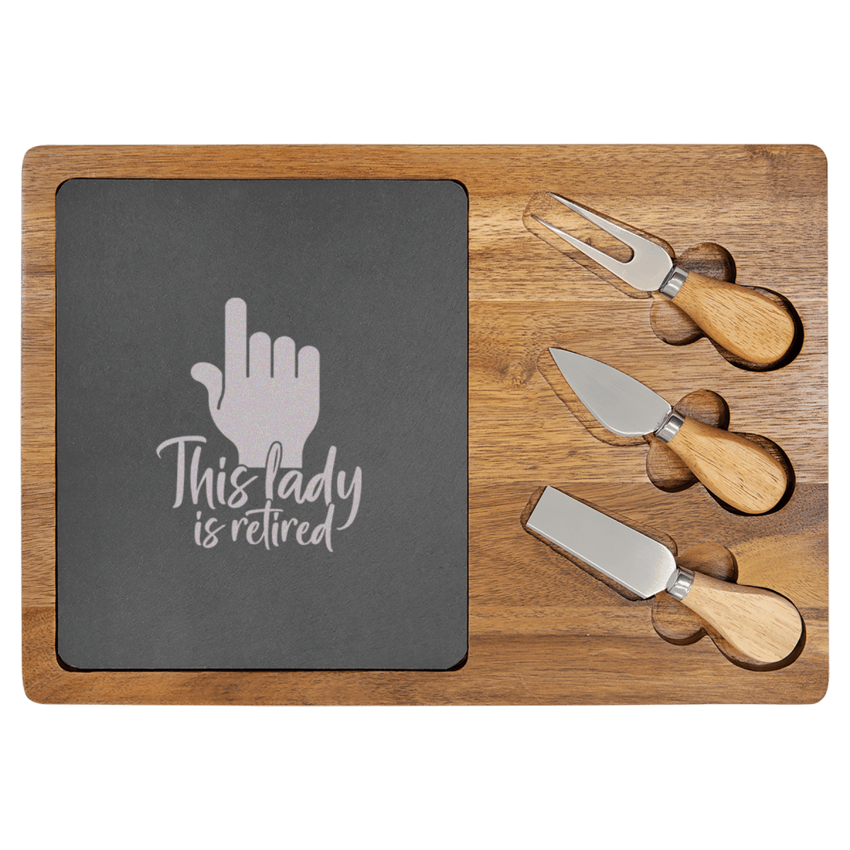 Personalized One Retired Lady Wood Slate Serving Tray for her, Customized Gifts for Women by Groovy Girl Gifts