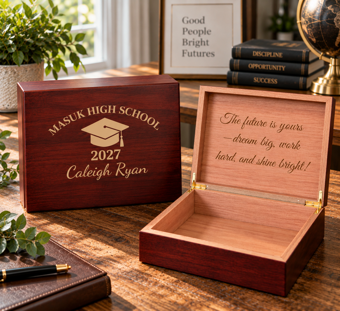 Cherry wood graduation keepsake box engraved with Masuk High School, a graduation cap, 2027 and Caleigh Ryan, next to an open box with a message in the lid